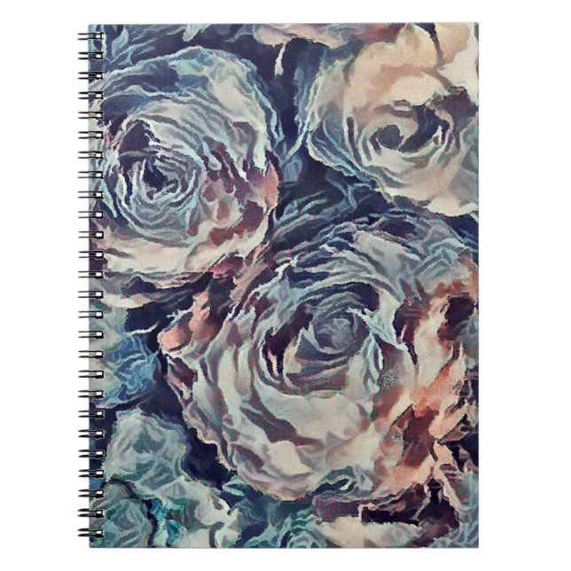 Abstract art brush textured roses print blue beige notebook (Front)