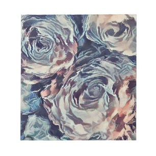 Abstract art brush textured roses print blue beige notepad