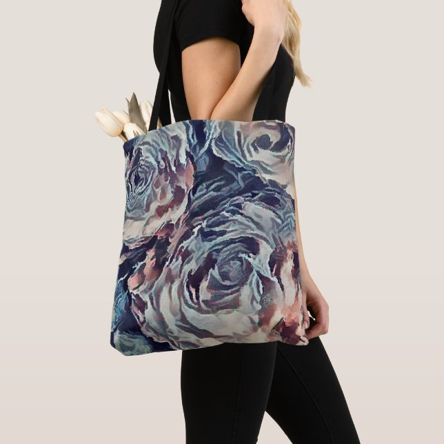 Abstract art brush textured roses print blue beige tote bag (Close Up)