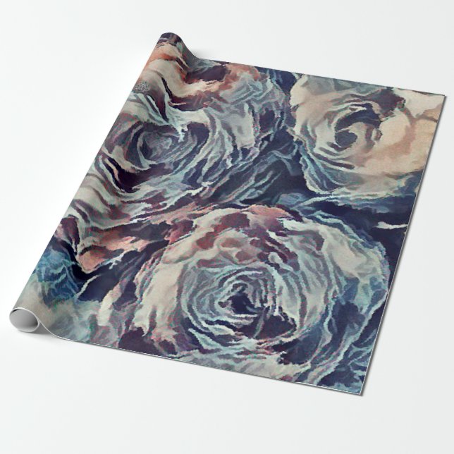 Abstract art brush textured roses print blue beige wrapping paper (Unrolled)