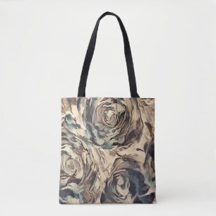 Abstract art brush textured roses print brown beig tote bag