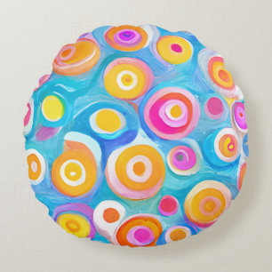 Abstract Art Circles Bright Colours Home Decor Fun Round Pillow