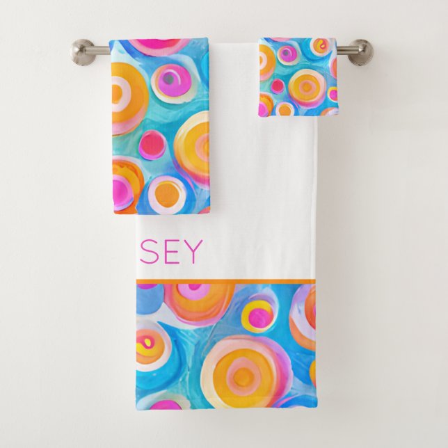 Abstract Art Circles NAME Bright Colours Fun Bath Towel Set (Insitu)