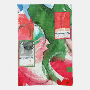 abstract art collage, mixed media and watercolor 2 kitchen towel