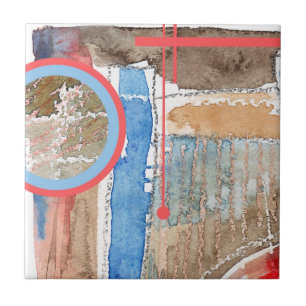 abstract art collage, mixed media and watercolor 5 tile
