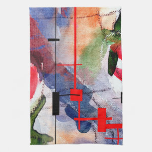 abstract art collage, mixed media and watercolor kitchen towel
