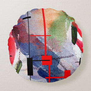 abstract art collage, mixed media and watercolor round pillow
