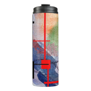 abstract art collage, mixed media and watercolor thermal tumbler