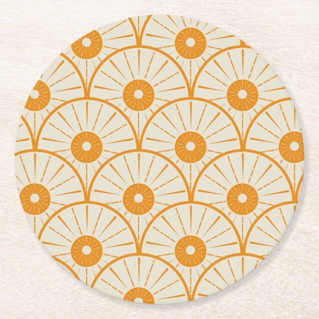 Abstract Art Deco Sun Pattern Orange Round Paper Coaster (Front)
