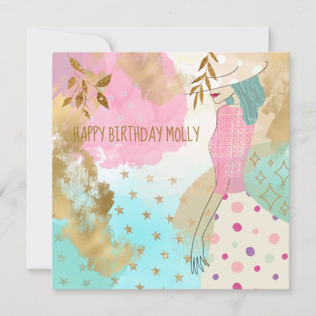 Abstract Art Female Hat Teal Pink Happy Birthday (Front)