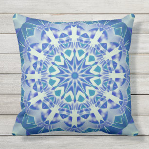 Abstract Art Handpainted Blue Teal Mandala Outdoor Pillow
