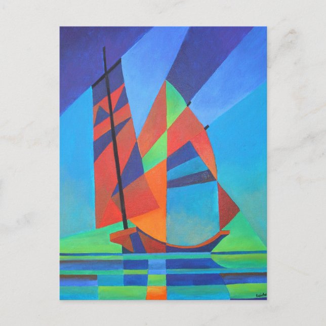 Abstract Art Junk Boat Against Deep Blue Sky Postcard (Front)