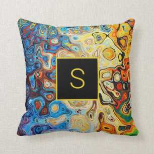 Abstract Art Modern Monogram Yellow Orange Blue Throw Pillow