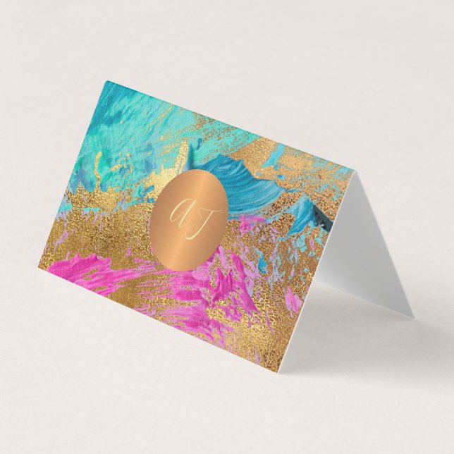 Abstract art modern painting copper gold monogram business card (Front)
