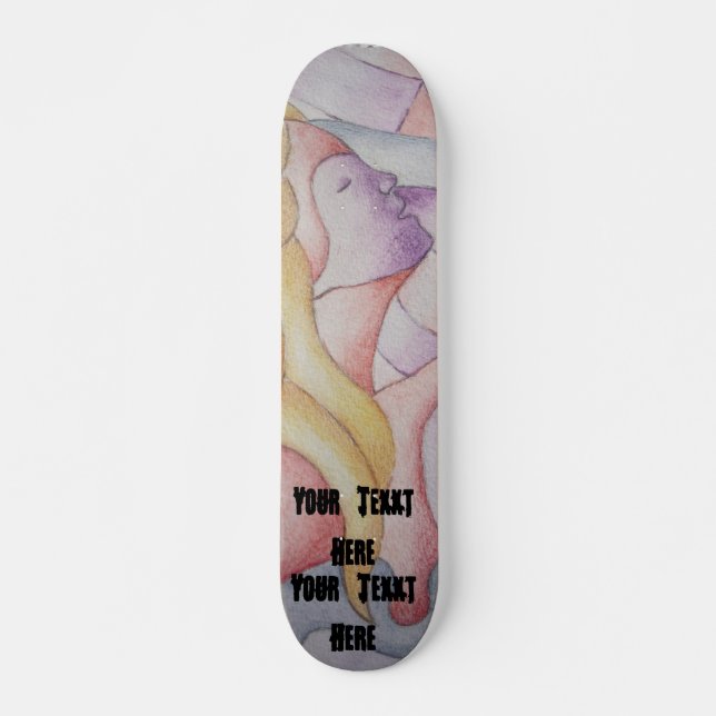 abstract art multicolored pink posing lady retro skateboard (Front)