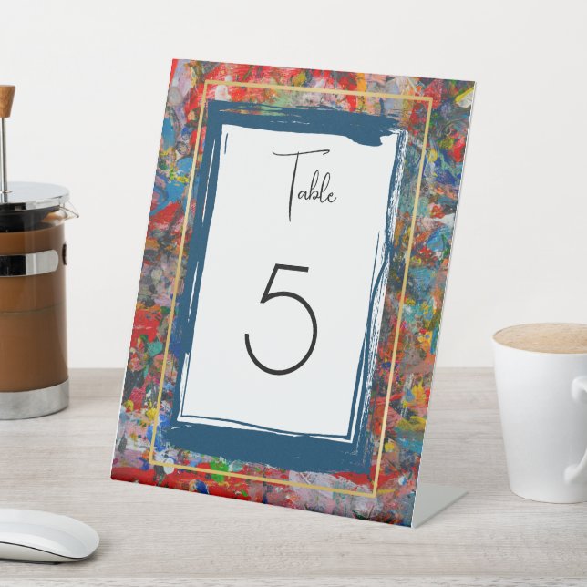 Abstract Art - Paint- Blue and Gold Table Number Pedestal Sign (In SItu)