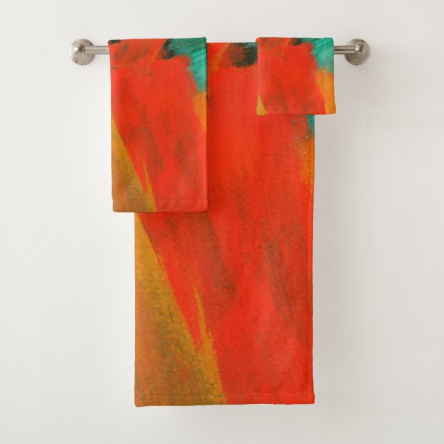 Abstract Art Painting Red Orange Gold Green Bath Towel Set (Insitu)
