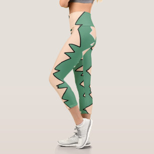 Abstract Art Pale Beige Coral Pink Green Capri Leggings