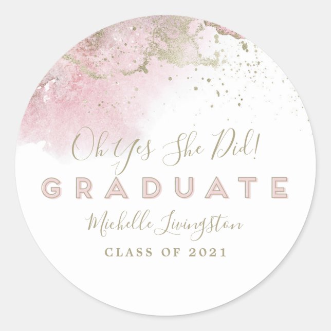 Abstract Art Pink & Gold Graduation Classic Round Sticker (Front)