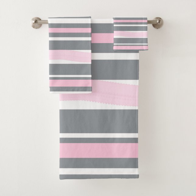 Abstract Art Pink Grey White Lines Bath Towel Set (Insitu)