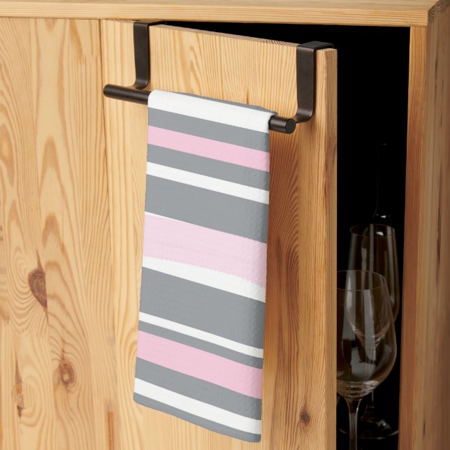 Abstract Art Pink Grey White Lines Kitchen Towel (Thirds Fold)