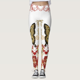 Abstract Art Roses Butterfly Sweeping Hearts Gold Leggings