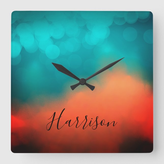 Abstract Art Script Name Blue Teal Orange Square Wall Clock (Front)