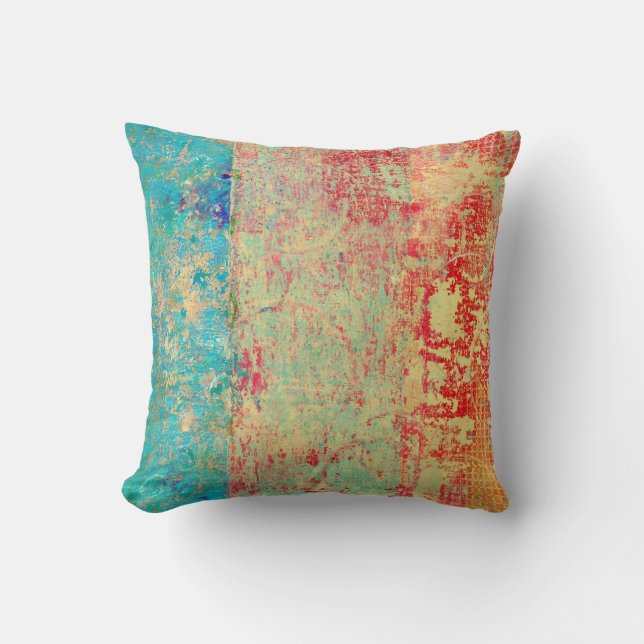 Abstract Art Texture Painting Turquoise Red Green Throw Pillow (Front)
