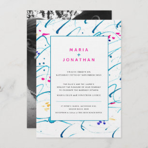 Abstract art tropical waves aqua pink wedding invitation