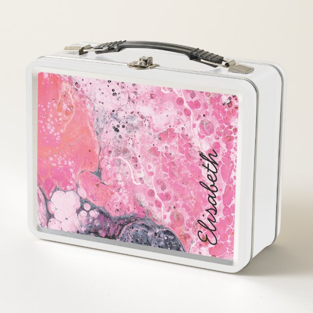 Abstract Art With Acrylic Paint Pour | Pink Black Metal Lunch Box (Front)