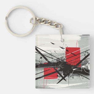 Abstract Art with Red Blocks & Black Strokes Keychain