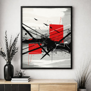 Abstract Art with Red Blocks & Black Strokes Poster
