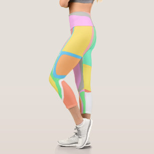 Abstract Art Yellow White Grey Turquoise Pastel Capri Leggings