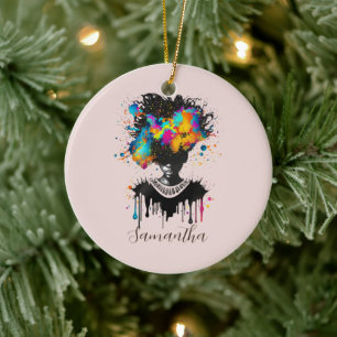 Abstract Artist Afro Woman   Black and White Ceramic Ornament