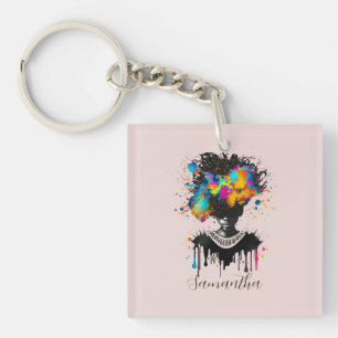 Abstract Artist Afro Woman   Black and White Keychain