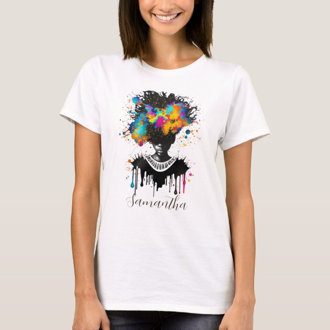 Abstract Artist Afro Woman | Black and White T-Shirt (Front)