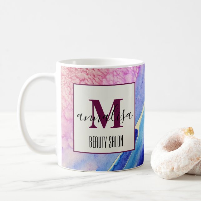Abstract Artistic Blue Pink Beauty Salon Monogram Coffee Mug (With Donut)