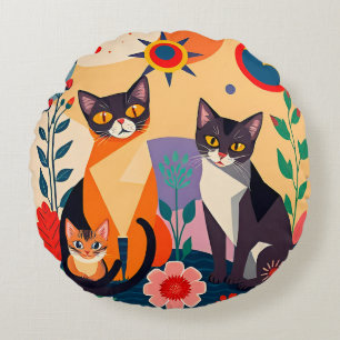 Abstract Artistic Representation of Cats Round Pillow