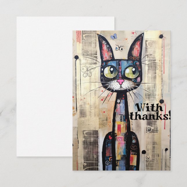 Abstract Artistic Wide Eyed Cat Thank You Card (Front/Back)