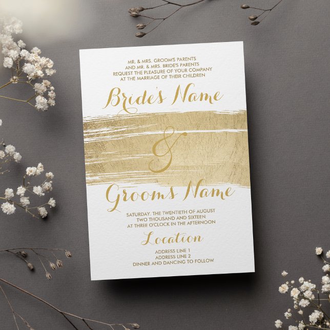 Abstract Artsy White Gold Brushstrokes Wedding Invitation (Abstract Artsy White Gold Brushstrokes Wedding )