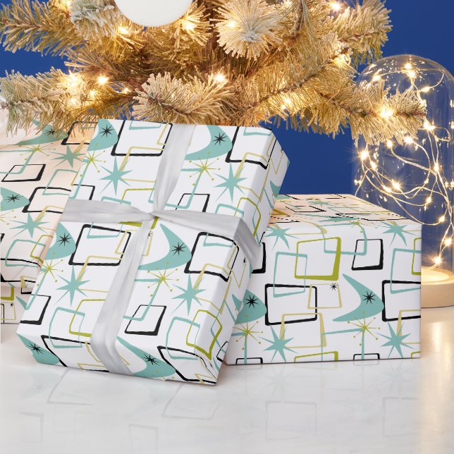 Abstract Atomic Stars Boomerang Squares Midcentury Wrapping Paper (Holidays)