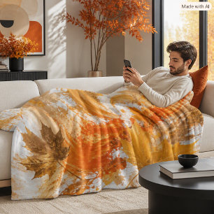 Abstract Autumn Falling Leaves Colourful Orange  Fleece Blanket