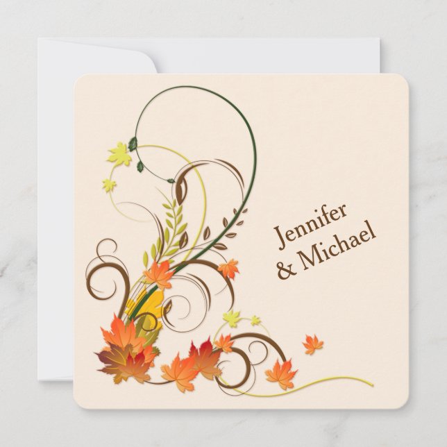 Abstract Autumn Leaves, Vines, Wood Wedding Invite (Front)