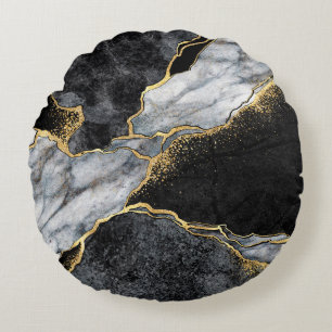 abstract background, black and white marble mosaic round pillow