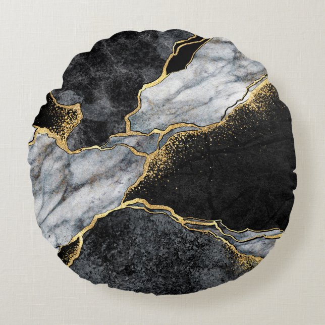 abstract background, black and white marble mosaic round pillow (Front)