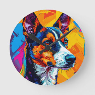 Abstract Basenji Dog Portrait Round Clock