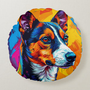 Abstract Basenji Dog Portrait Round Pillow