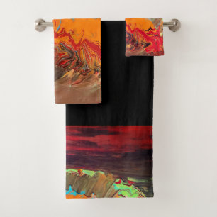 Abstract Bath Towel Set "Orange Burst" Black