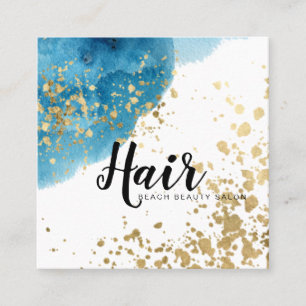 *~* Abstract Beach Blue Watercolor Gold Glitter Square Business Card