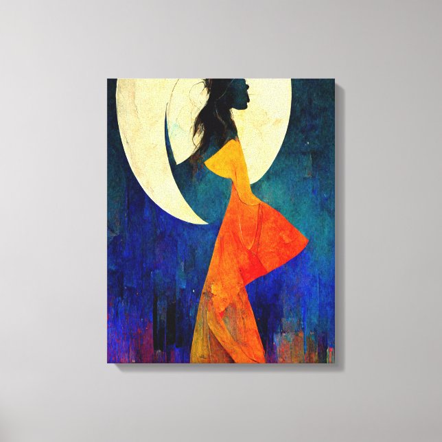 Abstract Beach Girl with Full Moon Canvas Print (Front)